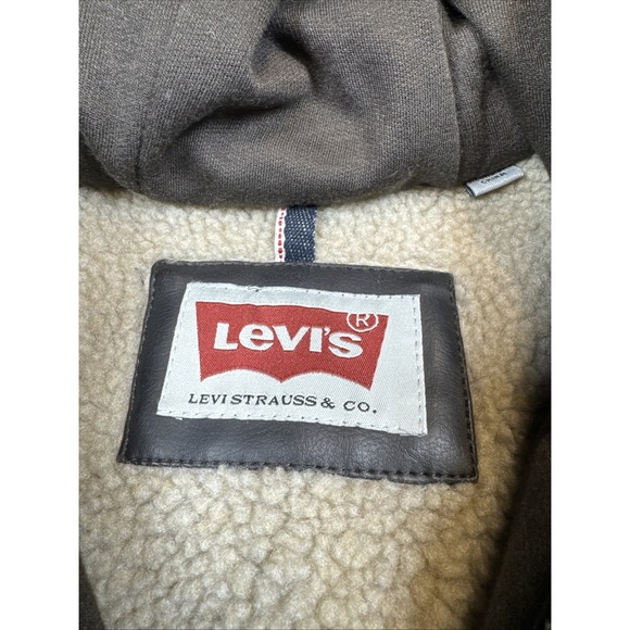 Levi's Men's Black Faux Leather Hooded Jacket Zip Front Coat Sz Large Biker - Picture 4 of 16